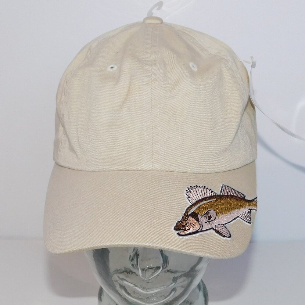 Magic Headwear OS Beige Tan Cotton Embroidered Walleye Fish Hat Cap NEW w Tag